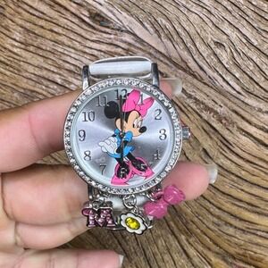 Disney Minnie Mouse Charm Watch White Faux Leather Strap Silver Dial MN1311IE